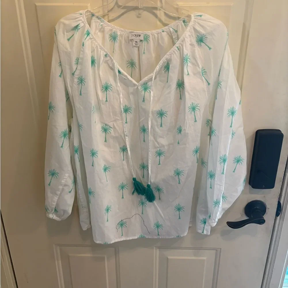 J. Crew White and Green Palm Tree Print Blouse